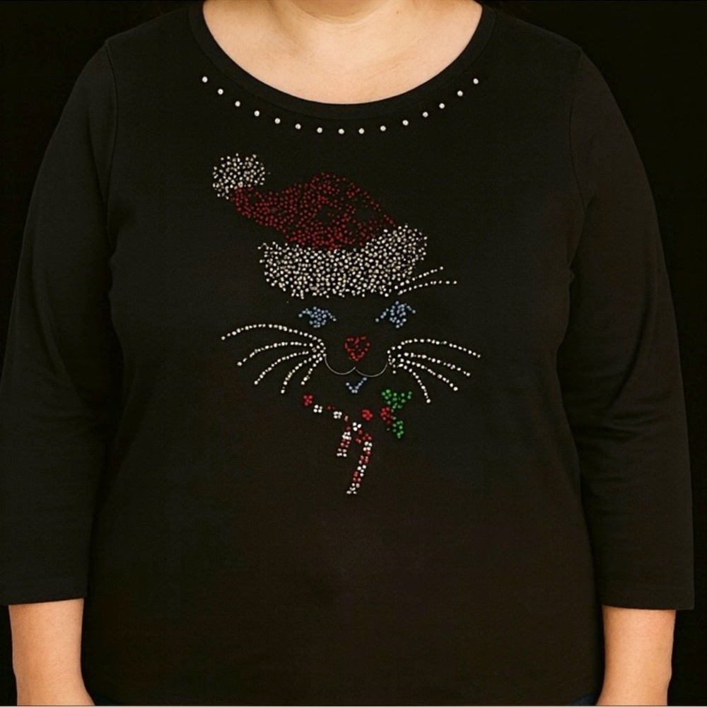 Quaker Factory Rhinestone Cat Christmas shirt top women’s 1x